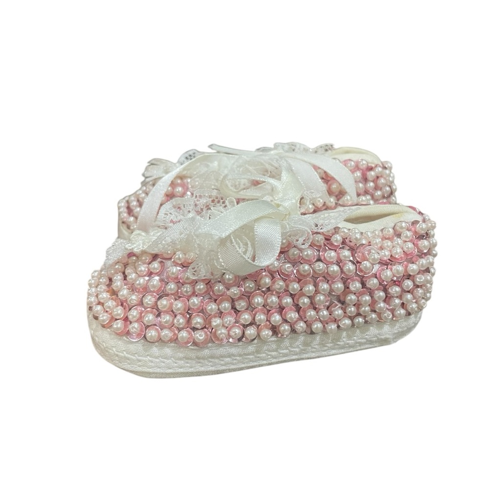 Wee Kids Crib Stage Pink Sequin Beaded Infant Shoes Size 2 3 To 6 Months
